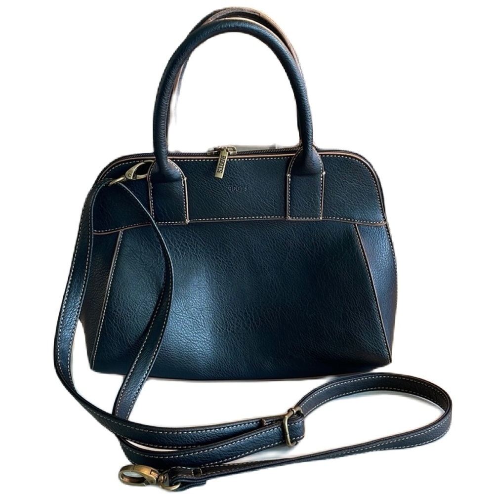 Roots Cross body bag, Faux Vegan Leather Black with Brown Trim EUC